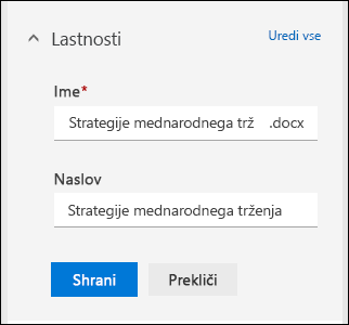 Urejanje vseh lastnosti datoteke v knjižnici dokumentov