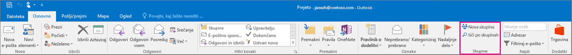Možnosti skupin na glavnem Outlookovem traku
