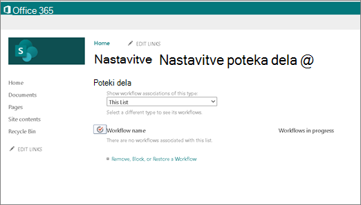 Posnetek zaslona strani z nastavitvami poteka dela v SharePointu, ki prikazuje, da tudi če so poteki dela omogočeni, ni možnosti za ustvarjanje poteka dela za 2010