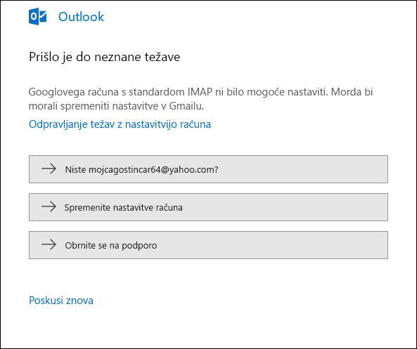 Med dodajanjem e-poštnega računa v Outlook je prišlo do napake.