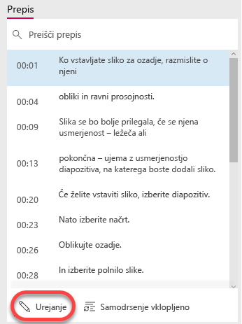 Izberite gumb »Uredi« na dnu okna za prepis