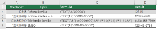 Posebne oblike za funkcijo TEXT