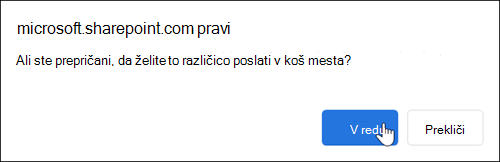 Brisanje pogovornega okna za potrditev različice datoteke