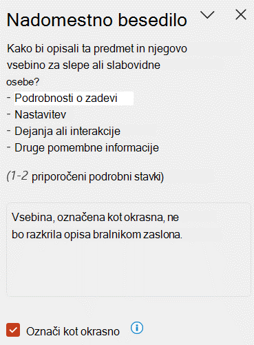 Slika, označena kot okrasna, v podoknu nadomestnega besedila.