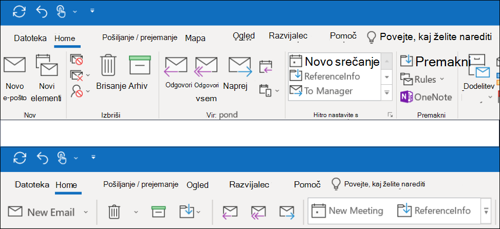 Zdaj lahko izbirate med dvema različnima izkušnjami na traku v Outlooku.