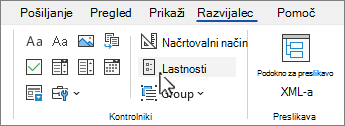 Zavihek »Razvijalec« z izbranim gumbom »Lastnosti kontrolnika«