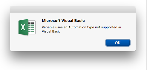 Napaka v aplikaciji Microsoft Visual Basic: spremenljivka uporablja nepodprto vrsto avtomatizacije.