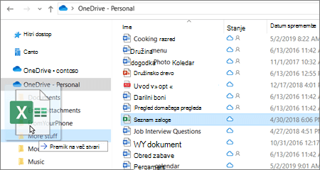 Posnetek premikanja datotek v drugo mapo v storitvi OneDrive.