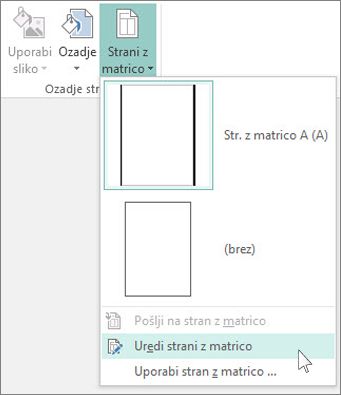 Posnetek zaslona spustnega menija »Uredi stran z matrico« v Publisherju.