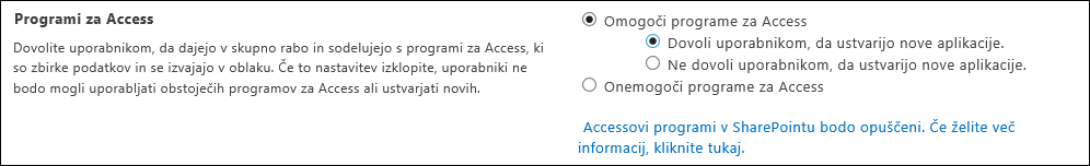 Posnetek zaslona z nastavitvami Accessovih programov na strani skrbniškega središča SharePoint