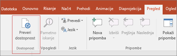 Posnetek zaslona uporabniškega Word, ki prikazuje funkcijo > Dostopnost preverite z rdečim poljem okrog.