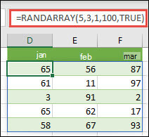 Funkcija RANDARRAY z argumenti »Min«, »Max« in »Celo število«