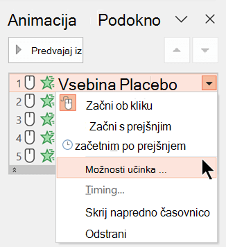 Z ukazom Možnosti učinka lahko nastavite možnosti za izbrani animacijski učinek.