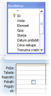 Tabela v načrtovalniku poizvedb