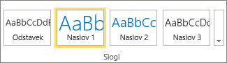 Posnetek zaslona skupine »Slogi« na traku za SharePoint Online z izbranim slogom »Naslov 1«.