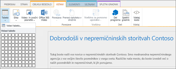 Posnetek zaslona traku za SharePoint Online. Izberite zavihek »Vstavljanje« in nato kliknite »Vstavi tabelo«, če želite določiti število vrstic in stolpcev za novo tabelo.