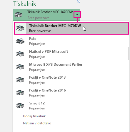 Spustni seznam prikazuje vse razpoložljive tiskalnike, s katerimi se lahko poveže vaš računalnik. Kliknite želeno napravo.