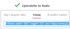 Koda, s katero vdelate videoposnetek, bo pravilno delovala le, če se začne z »iFrame« ali »<object«.