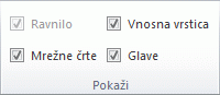 Možnosti v skupini »Pokaži« na zavihku »Ogled«