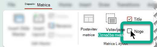Na zavihku Matrica diapozitiva v skupini Postavitev matrice izberite polje Noge.