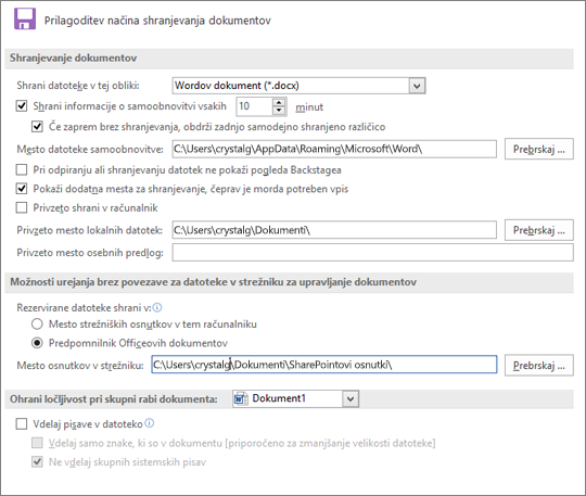 Možnosti za shranjevanje v aplikaciji Word 2016