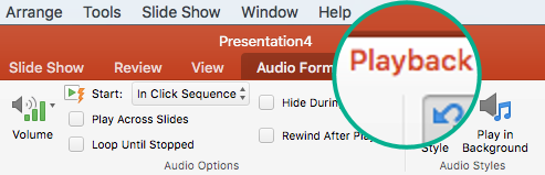 Ko na diapozitivu izberete zvočni posnetek, se v orodni vrstici traku prikaže zavihek »Predvajanje«, s katerim lahko nastavite možnosti predvajanja.