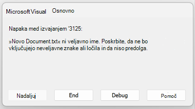 Posnetek zaslona napake med izvajanjem »3125«