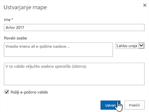 Pogovorno okno s klasičnim načinom skupne rabe v storitvi SharePoint Online