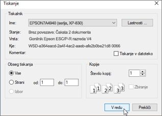 Za tiskanje kliknite »V redu«.