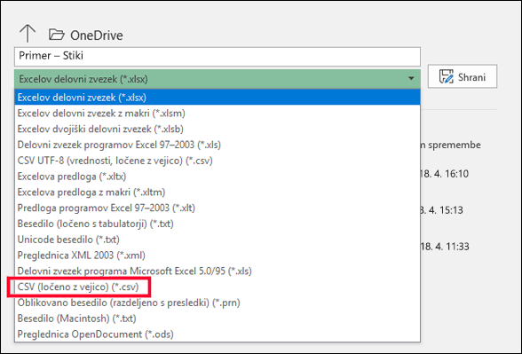 Shranite Excelovo datoteko kot datoteko CSV. 