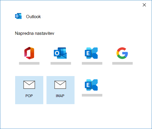 Izbiranje vrste računa pri ročnem nastavljanju poštnega računa v Outlooku