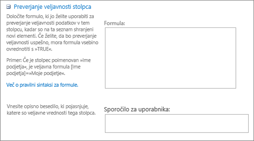 Razdelek za preverjanje veljavnosti v pogovornem oknu z novim vprašanjem