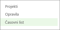 Časovni list v vrstici za hitri zagon