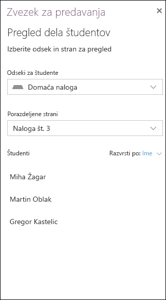 Primer zaslona možnosti za pregled dela študentov