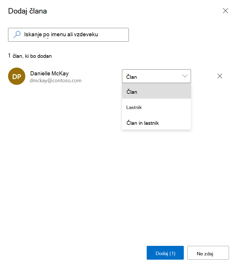 Slika, ki prikazuje, kako dodati uporabnika v skupino