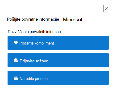 Stran »Pošljite povratne informacije na najvišji ravni« v aplikaciji Pridobite pomoč.