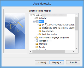 Pri uvozu stikov iz storitve Google Gmail v nabiralnik v storitvi Office 365, za cilj izberite »Stiki«.