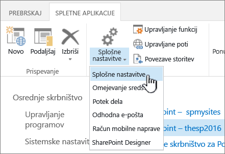 Upravljanje odseka traku z izbranimi splošnimi nastavitvami