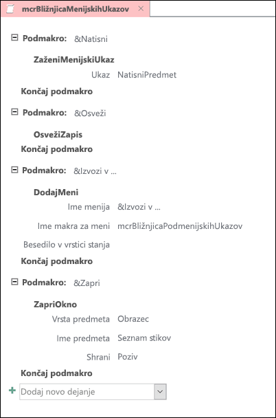 Posnetek zaslona Accessovega makra s štirimi podmakri