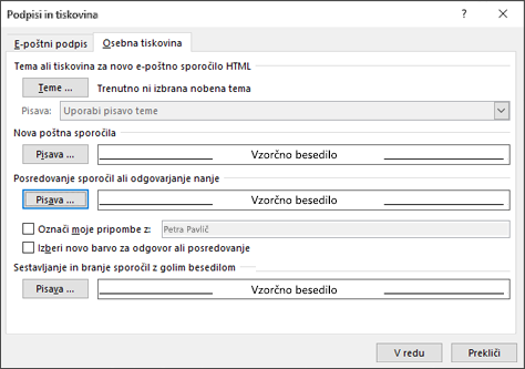 Uporabite možnosti Podpisi in tiskovina, da spremenite pisave.