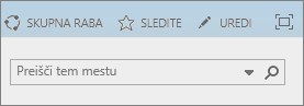 Posnetek zaslona dela traku za SharePoint Online s kontrolniki za skupno rabo, sledenje in urejanje ter poljem za iskanje. 