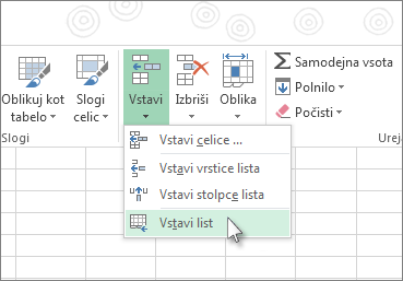 Kliknite »Vstavi list« v razdelku »Vstavljanje« na zavihku »Osnovno«