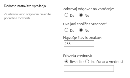 Razdelek z dodatnimi vprašanji v novem pogovornem oknu