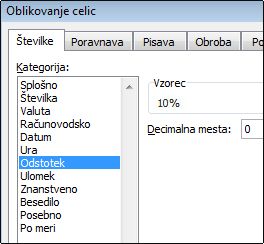 Kategorija »Odstotek« v pogovornem oknu »Oblikovanje celic«