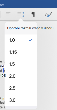 Pokaže možnosti razmika vrstic v Wordu za iPad.