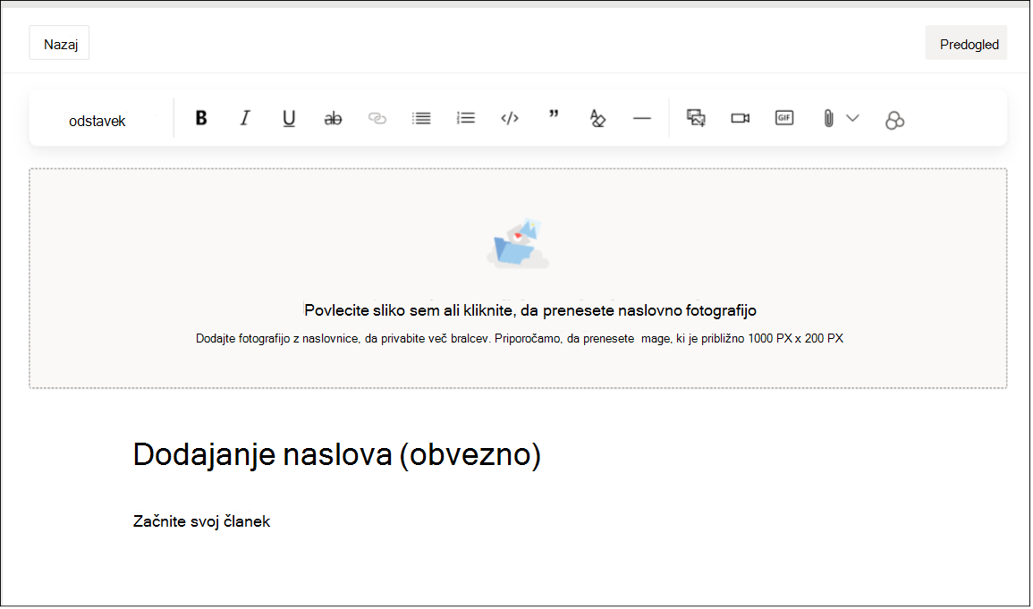 Posnetek zaslona, kjer je prikazan vmesnik za urejanje vrste objave v članku s pisavo, slogom, slikami in drugimi možnostmi obogatenega besedila.