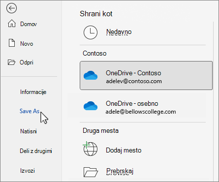 Pogovorno okno »Shrani kot« s storitvijo OneDrive