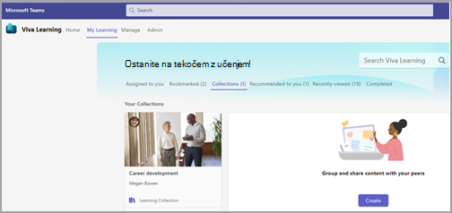 Slika zavihka »Moje učenje«, podčrtani zavihek »Zbirke« in modri gumb »Ustvari« v spodnjem desnem kotu.