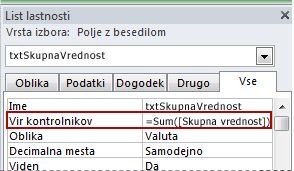 Izraz v lastnosti »Vir kontrolnika« polja z besedilom.