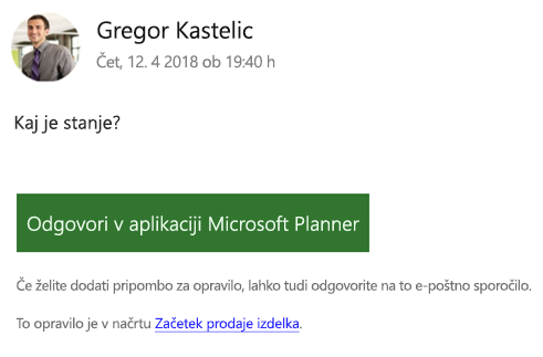 Posnetek zaslona: prikazuje primer e-poštnega sporočila skupine, ki ga boste morda prejeli.